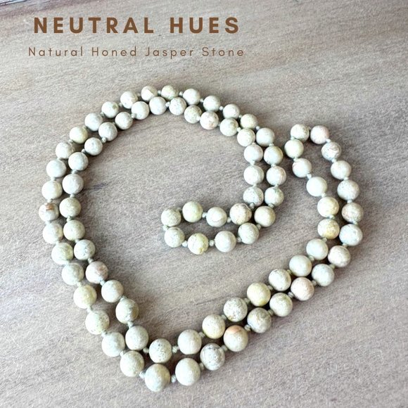 Vintage Neutral Hued Honed Jasper Stone Bead Long Necklace 32” - Picture 1 of 6